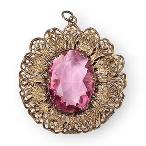 Vintage Pink Glass Filigree Pendant Czech? Floral Oval Gilt Brass 1930s 2" Long